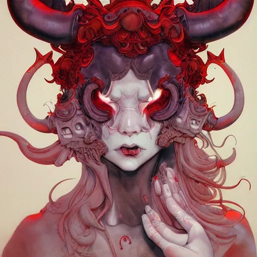 Image similar to prompt : devil women with horns soft light painted by james jean and katsuhiro otomo and erik jones, inspired by akira anime, smooth face feature, intricate oil painting, high detail illustration, sharp high detail, manga and anime 1 9 9 9
