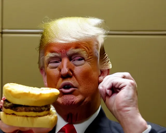 Prompt: Reuters Photograph of Donald Trump in jail cell, eating a cheeseburger