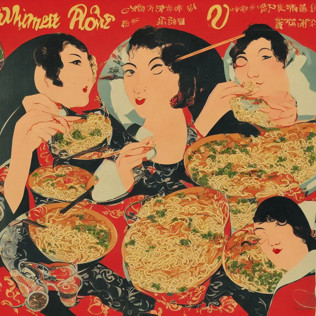 Prompt: 2 beautiful women eating a bowl of ramen, 1920s poster art