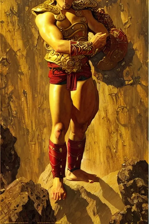 Image similar to tales of earthsea, attractive muscular male with golden armor, ming dynasty, character design, painting by gaston bussiere, craig mullins, j. c. leyendecker, tom of finland