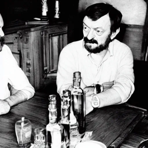 Prompt: andrei tarkovsky and stanley kubrick drinking vodka, realistic