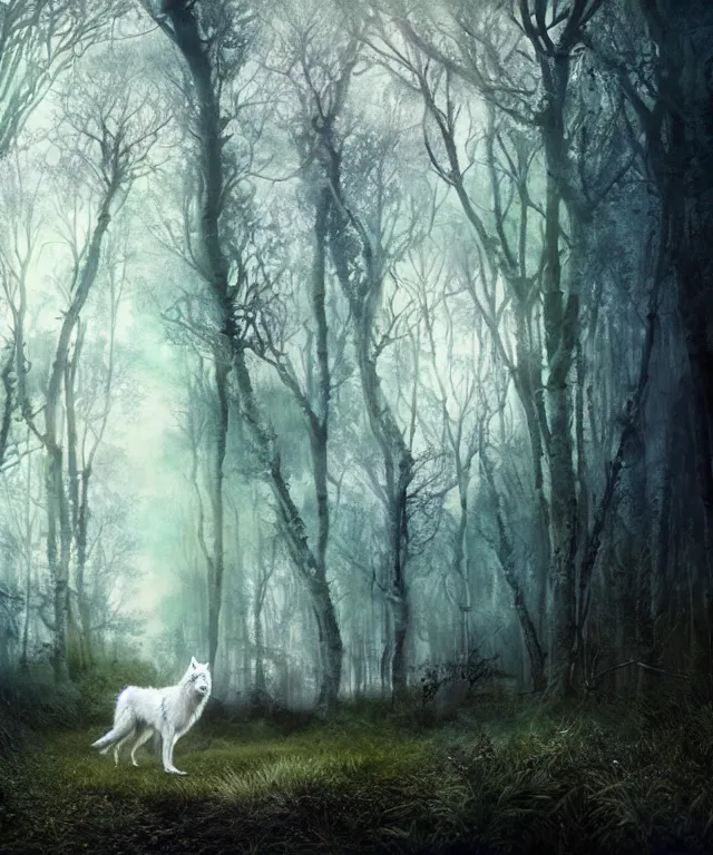 Image similar to a realistic white wolf, walking through a psychedelic forest, wide angle landscape shot, by national geographic and tom bagshaw