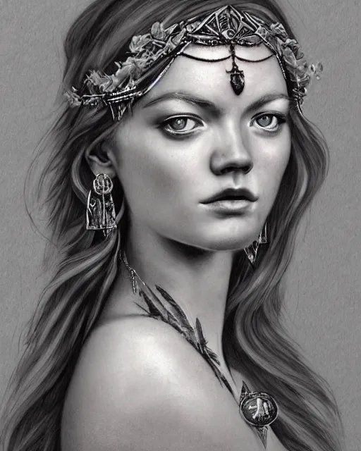 Prompt: realism tattoo sketch of lindsay ellingson as a beautiful greek goddess aphrodite with piercing eyes wearing a laurel wreath and triangle earrings, in the style of greg rutkowski, amazing detail