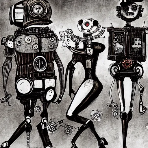 Prompt: steampunk robots dancing by otto dix