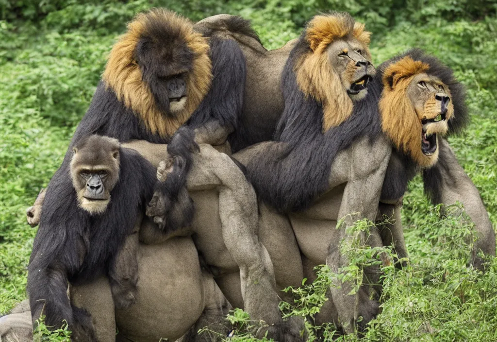 Image similar to a lion riding a gorilla
