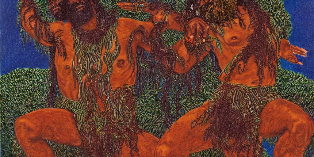 Image similar to an abstract tropical landscape, portrait of a hirsute dark - skinned greek god dancing. 2 4 mm, photorealistic, muted color scheme, directed by mati klarwein