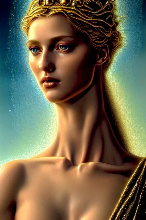 Image similar to hyperrealistic mixed media painting of beautiful greek goddess Aphrodite, full body, stunning 3d render inspired art by P. Craig Russell and Barry Windsor-Smith + perfect facial symmetry + dim volumetric lighting, 8k octane beautifully detailed render, post-processing, extremely hyperdetailed, intricate, epic composition, grim yet sparkling atmosphere, cinematic lighting + masterpiece, trending on artstation, very very detailed, masterpiece, stunning