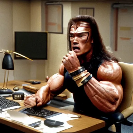 Prompt: arnold schwarzenegger as conan the barbarian sitting at a desk, as an office worker, in an office, inside an office building, sitting at a desk, angrily shouting at a laptop, angry at laptop, laptop computer, computer trouble, technical difficulties, software error, crisp lighting, corporate photography