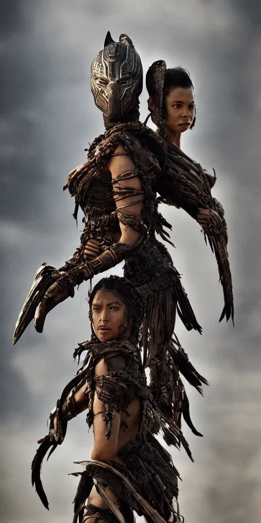 Prompt: two fighting tribeswoman,vertical composition, destroyed armor, inspired by monster hunter and westerns, muscular body, clean beautiful symmetrical face, subtle make up, epic,dramatic lighting, cinematic, establishing shot, extremely high detail, photorealistic, black panther the movie and dune the movie and cyberpunk, cinematic lighting, artstation, octane render, western,old photo, vintage