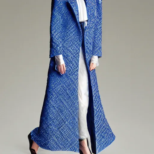Image similar to fashion 2 0 5 0 fantastic openwork long coat with intricate pattern on a beautiful symmetrical girl with blue hair, hyper realistic photos