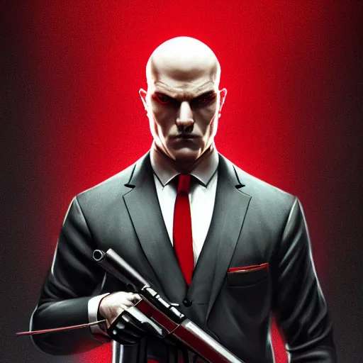 Image similar to a symmetrical portrait of agent 4 7 from hitman holding a rifle, dark background, red rim light, highly detailed, digital art, artstation, concept art, smooth, sharp focus, greg rutkowski, wlop