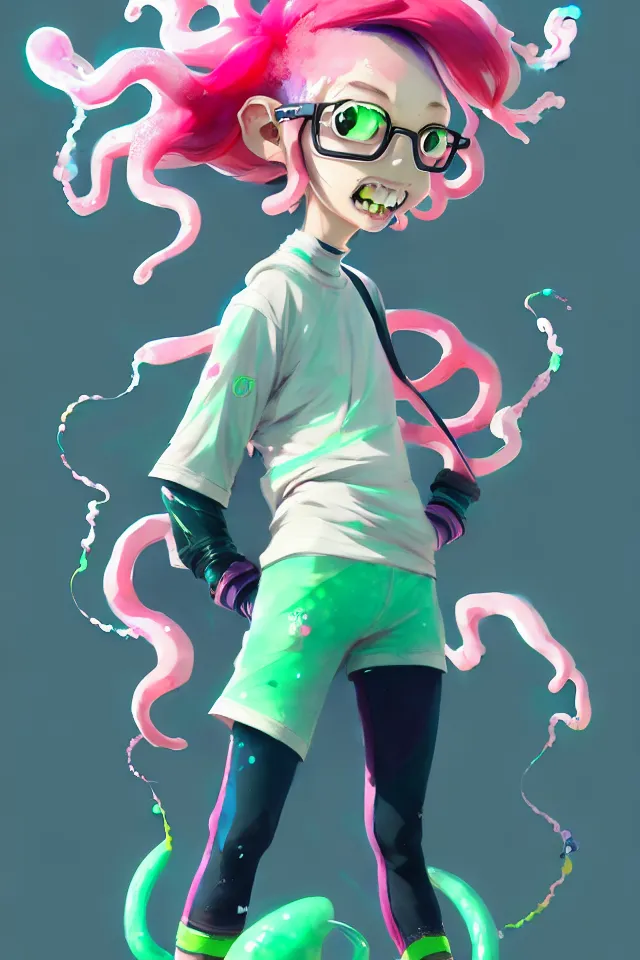 Image similar to a beautiful fullbody portrait of a cute splatoon anime boy with pink hair and green eyes wearing sports clothing tight leggings. character design by cory loftis, fenghua zhong, ryohei hase, ismail inceoglu and ruan jia. artstation, volumetric light, detailed, photorealistic, fantasy, rendered in octane