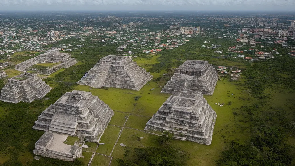 Prompt: remarkable airplane view of the ancient mayan city of chichen-itza in yucatan which once held a million cultivated people and was graced by a huge sacred temple