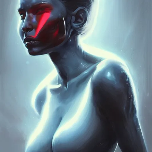 Image similar to portrait of an alien woman by Greg Rutkowski, blue skin, red eyes, black hair with two strand around her face, authority figure, secretary general of the galactic alliance, wearing black uniform, Star Wars Expanded Universe, highly detailed portrait, digital painting, artstation, concept art, smooth, sharp foccus ilustration, Artstation HQ