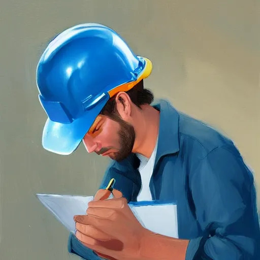 Image similar to a worker wearing a hardhat writing in a notepad with a calculator, by rhads, 3 d