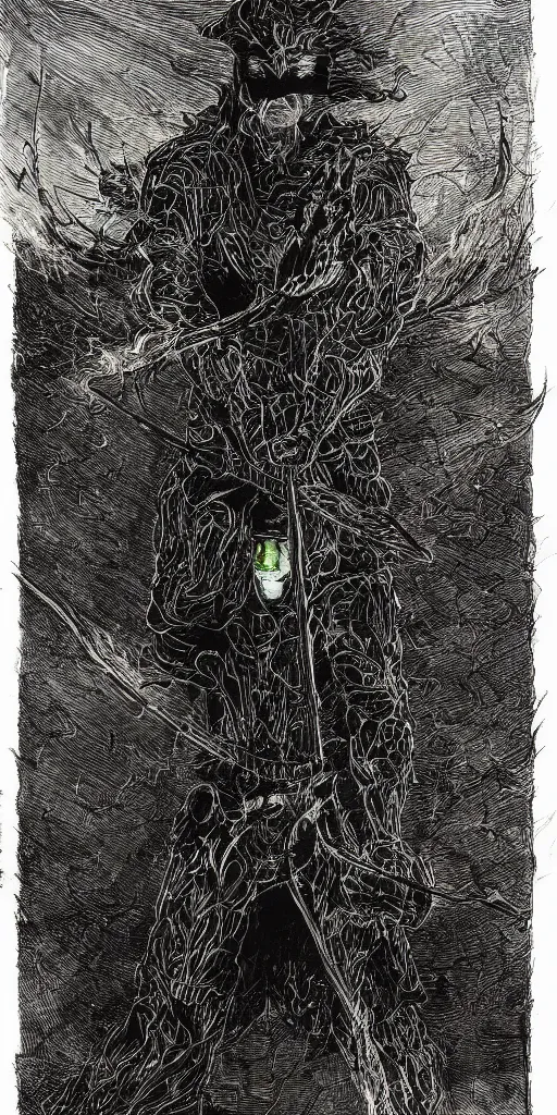 Image similar to a man with a missing an arm holding a spear made of green fire wearing a leather cloak fighting a bad guy made of black smoke, full body, dark colors, sinister atmosphere, dramatic lighting, cinematic, establishing shot, extremely high detail, photo realistic, cinematic lighting, pen and ink, intricate line drawings, by Yoshitaka Amano, Ruan Jia, Kentaro Miura, Artgerm, post processed, concept art, artstation, matte painting, style by eddie mendoza, raphael lacoste, alex ross,