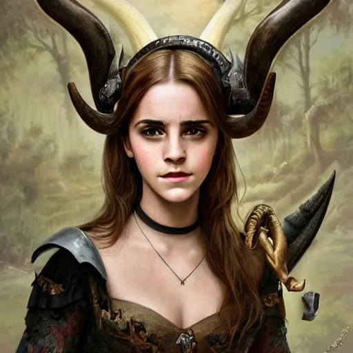 Image similar to A masterpiece ultrarealistic ultradetailed portrait of a Incredibly beautiful Emma Watson as angel princess with Royal Tevton Knight Skull Full Iron Closed Helmet with Big Iron Bull Horns . baroque renaissance girl in the night forest. medium shot, intricate, elegant, highly detailed. trending on artstation, digital art, by Stanley Artgerm Lau, WLOP, Rossdraws, James Jean, Andrei Riabovitchev, Marc Simonetti, Yoshitaka Amano. background by James Jean and Gustav Klimt, light by Julie Bell, 4k, porcelain skin.
