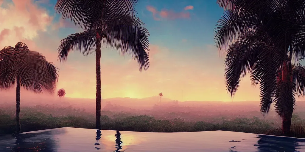 Image similar to artgem and Beeple masterpiece, hyperrealistic surrealism, sunset, award winning masterpiece with incredible details, epic stunning, infinity pool, a surreal liminal space, highly detailed, trending on ArtStation, calming, meditative, pink arches, palm trees, surreal, sharp details, dreamscape, giant gold head statue ruins, crystal clear water