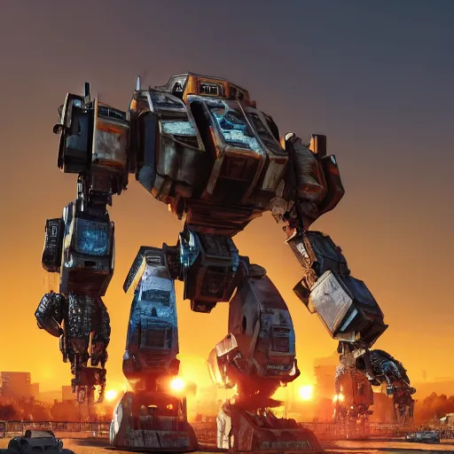 Prompt: Urbanmech defending city at sunset, battletech, mechwarrior, hyperrealistic, photorealistic, ultra hd, rendered in Unreal engine, artstation, digital illustration, highly detailed, intricate, award-winning, 4k, beautiful colors, cinematic lighting