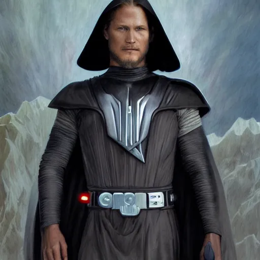 Image similar to Portrait of Travis Fimmel as a sith lord from star wars, full length shot, shining, 8k highly detailed, sharp focus, illustration, art by artgerm, mucha, bouguereau