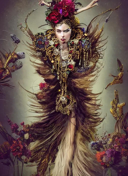 Prompt: expressive full body photo of a female model, ornate headpiece made from flowers, ornaments, glamour shot, by karol bak, by stefan gesell, photorealistic, canon r 3, fashion photography, hyper maximalist, elegant, ornate, luxury, elite, environmental portrait, symmetrical features, octane render, unreal engine, solid dark grey background, dramatic lights