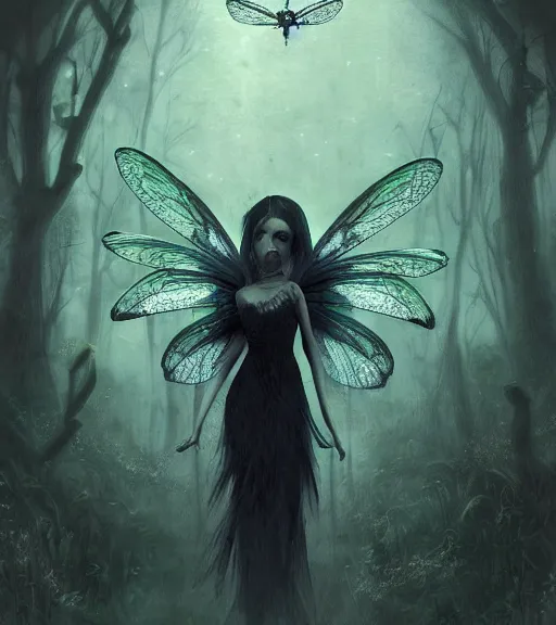 Image similar to gothic fairy with dragonfly wings, digital painting, liminal eerie midnight backlit, a picture taken by Michael Komarck