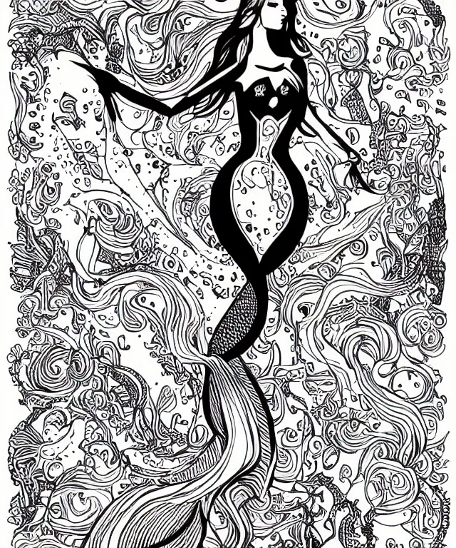 Image similar to black and white illustration, creative design, beautiful mermaid with fishes