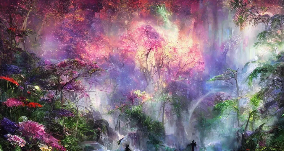 Image similar to a large mystic shrine in a field of flowers, john berkey, mad dog jones, breath - taking beautiful flowers, streams, nebula, and mist, an aesthetically pleasing, dynamic, energetic, lively, complex, intricate, detailed, well - designed digital art of magic, streams, flowers, and mist, early morning, light and shadow