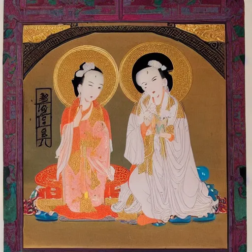 Image similar to portrait of 2 different asian looking girls close up one look away one is holding lotus flower in iconography style theophanes the greek glitter chinese ornament dress swan
