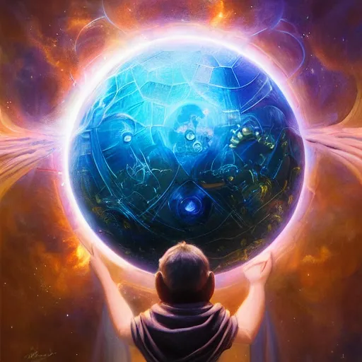 Image similar to the creator of worlds wearing a cloak and holding a holographic planet projection in his hand, detailed, sci - fi, digital painting, artstation, sharp focus, illustration, ominous, artgerm, tomasz alen kopera, peter mohrbacher, donato giancola, joseph christian leyendecker, wlop, frank frazetta