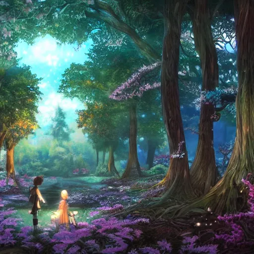 Image similar to the aesthetic view of the beautiful, grand, wistful, dreamy hidden forest at dusk, hyperrealistic anime illustration by iralki nadar, colorful, extremely detailed, intricate linework, super sharp focus, bright colors, octopath traveler, studio ghibli, unreal engine 5 highly rendered, global illumination, radiant light, detailed and intricate environment