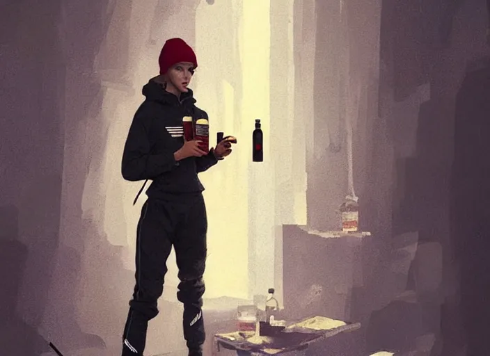 Image similar to russian slav heroine wearing an addidas tracksuit squatting with whiskey in one hand and a cigarette in the other hand. by greg rutkowski and wlop, detailed, cinematic, artstation, 8 k, intricate, rule of thirds.