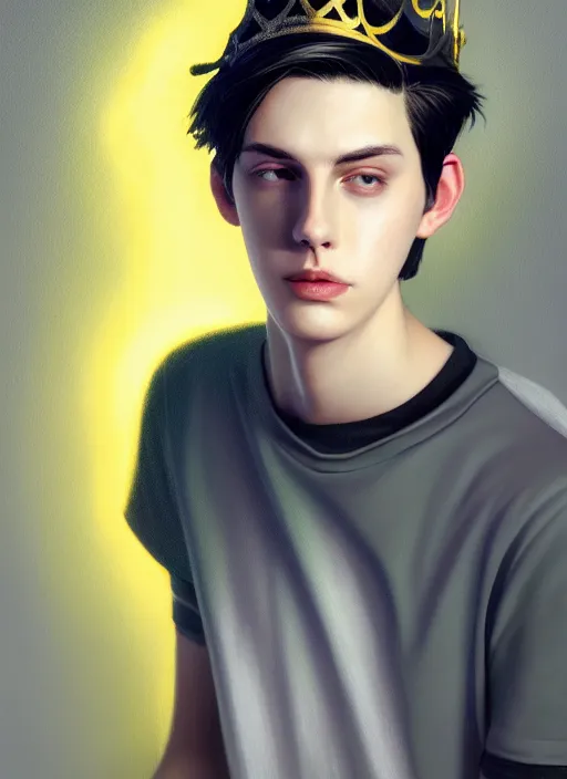 Image similar to portrait of teenage jughead jones wearing a light grey crown, photorealistic, crown, eyes closed, crown, black hair, intricate, elegant, glowing lights, highly detailed, digital painting, artstation, concept art, smooth, sharp focus, illustration, art by wlop, mars ravelo and greg rutkowski