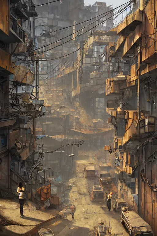 Prompt: a industrial STEAMPUNK CITY Street scenery in the FAVELAS, signs, billboards and cable Connecting MULTI LVL BUILDINGS, rendered by simon stålenhag, rendered by Beeple, Makoto Shinkai, syd meade, environment concept, digital art, starwars, raphael lacoste, eddie mendoza, alex ross, concept art, cinematic lighting, , unreal engine, 3 point perspective, WLOP, trending on artstation, low level, 4K UHD image, octane render,