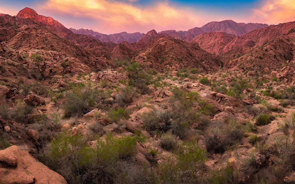 Image similar to A lush desert canyon landscape that is out of this world, 8K professional photography, epic composition
