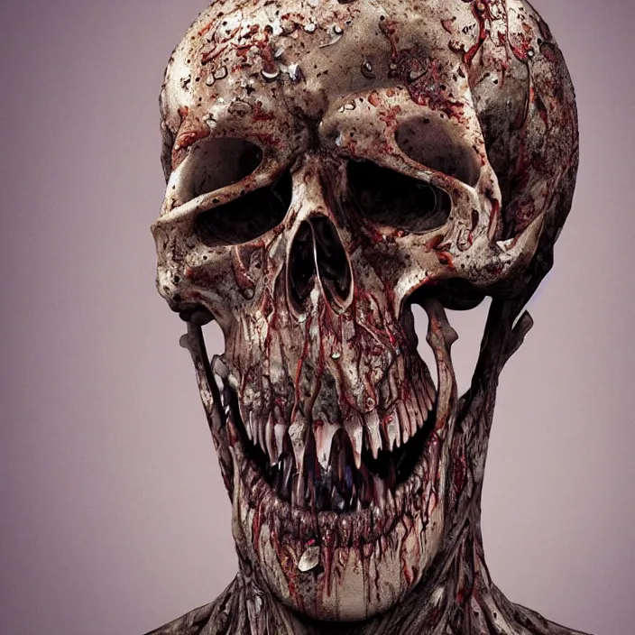 Image similar to portrait of a melting skull. missing jaw. infected with zombie fungus. intricate abstract. intricate artwork. nightmare fuel. by Tooth Wu, wlop, beeple, dan mumford. octane render, trending on artstation, greg rutkowski very coherent symmetrical artwork. cinematic, hyper realism, high detail, octane render, 8k, iridescent accents