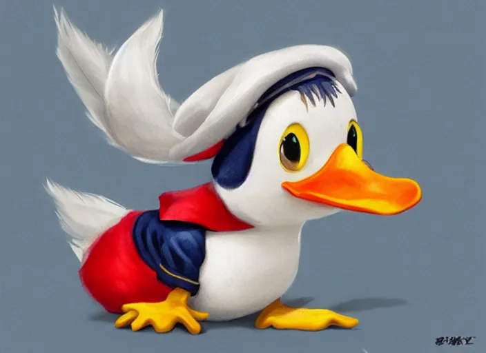 Image similar to detailed concept art of a cute iconic anthropomorphic little duck character wearing a sailor suit by wlop on bcy. net, realistic. detailed feathers, art by cheng yi. artstationhd, artgerm, disney