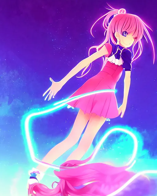 Prompt: anime style, vivid, expressive, full body, 4 k, painting, a cute magical girl idol with a long wavy hair wearing a dress, correct proportions, stunning, realistic light and shadow effects, neon lights, studio ghibly makoto shinkai yuji yamaguchi