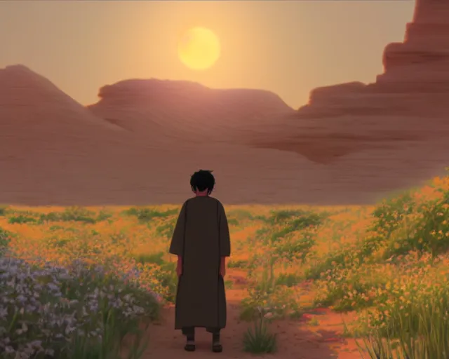 Prompt: an arabic man in the desert with wildflowers, makoto shinkai, loish, studio ghibli, tooth wu