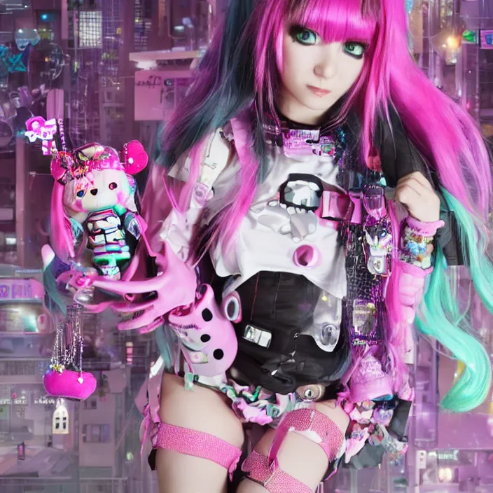 Image similar to 3 d render of a decora gyaru kawaii cybergoth emo girl, in a cyberpunk blade runner maximalist city of my melody sanrio plushies