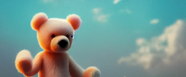 Image similar to a teddy bear with transparent skin painted by Mike Winkelmann, fluffy clouds, pink girl, cotton candy, dreamy soft, rainbow