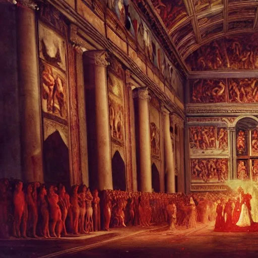 Image similar to the sistine chapel's ceiling is broken is half as a red magical portal from hell opens up, lucifer morningstar emerges along with a few demons, the priests and the pope look at the scene with terror in their eyes. highly detailed painting by gaston bussiere, greg rutkowski, craig mullins 8 k