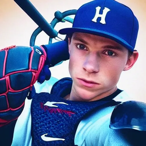 Image similar to “a realistic photo of a guy who is an attractive baseball player man who is part cyborg and part humanoid, who is a robot, Tom Holland, shiny skin, blue eyes”