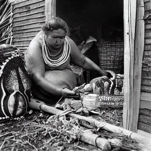 Image similar to a maori woman prepares weta carapaces outside her whare in the 1 9 4 0's.