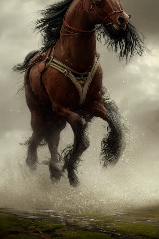 Image similar to Greek shire horse running in the rain, 4k detailed hyperrealistic digital photo by Justin Gerard, Beeple, Gustave Dore, Artstation, CGsociety