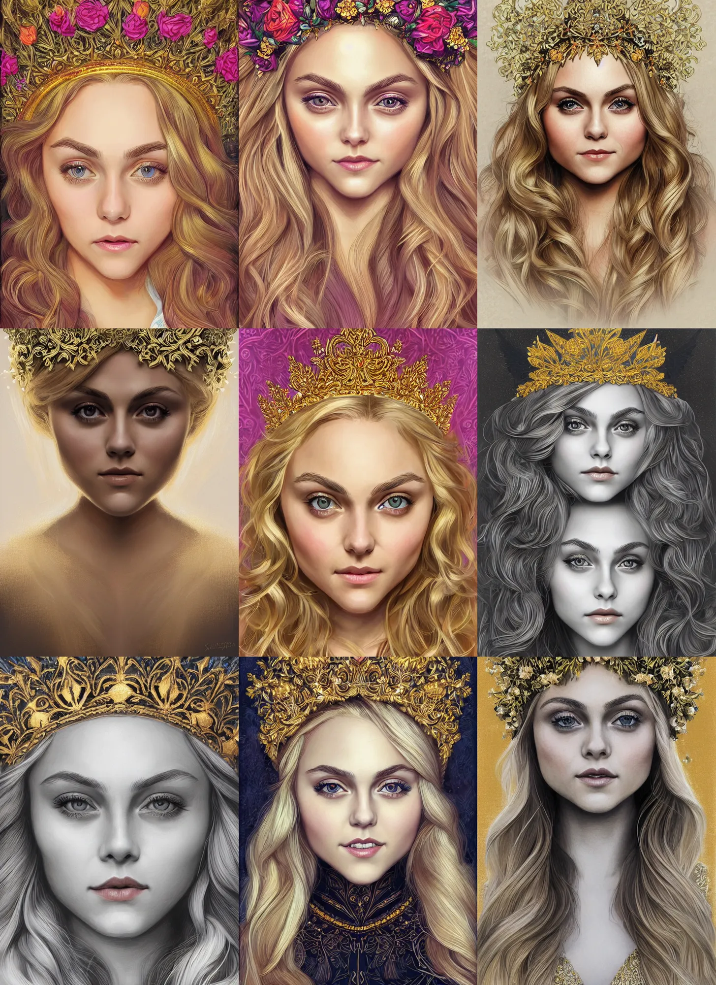 Prompt: annasophia robb symmetrical portrait, wearing a floral crown, long blond hair, shiny gold background, intricate, elegant, highly detailed, digital painting, artstation, concept art, smooth, sharp focus, illustration, artgerm, rutkowski, mucha