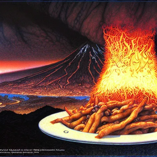 Image similar to poutine ( the canadian meal ) from mount doom by alan lee and john howe