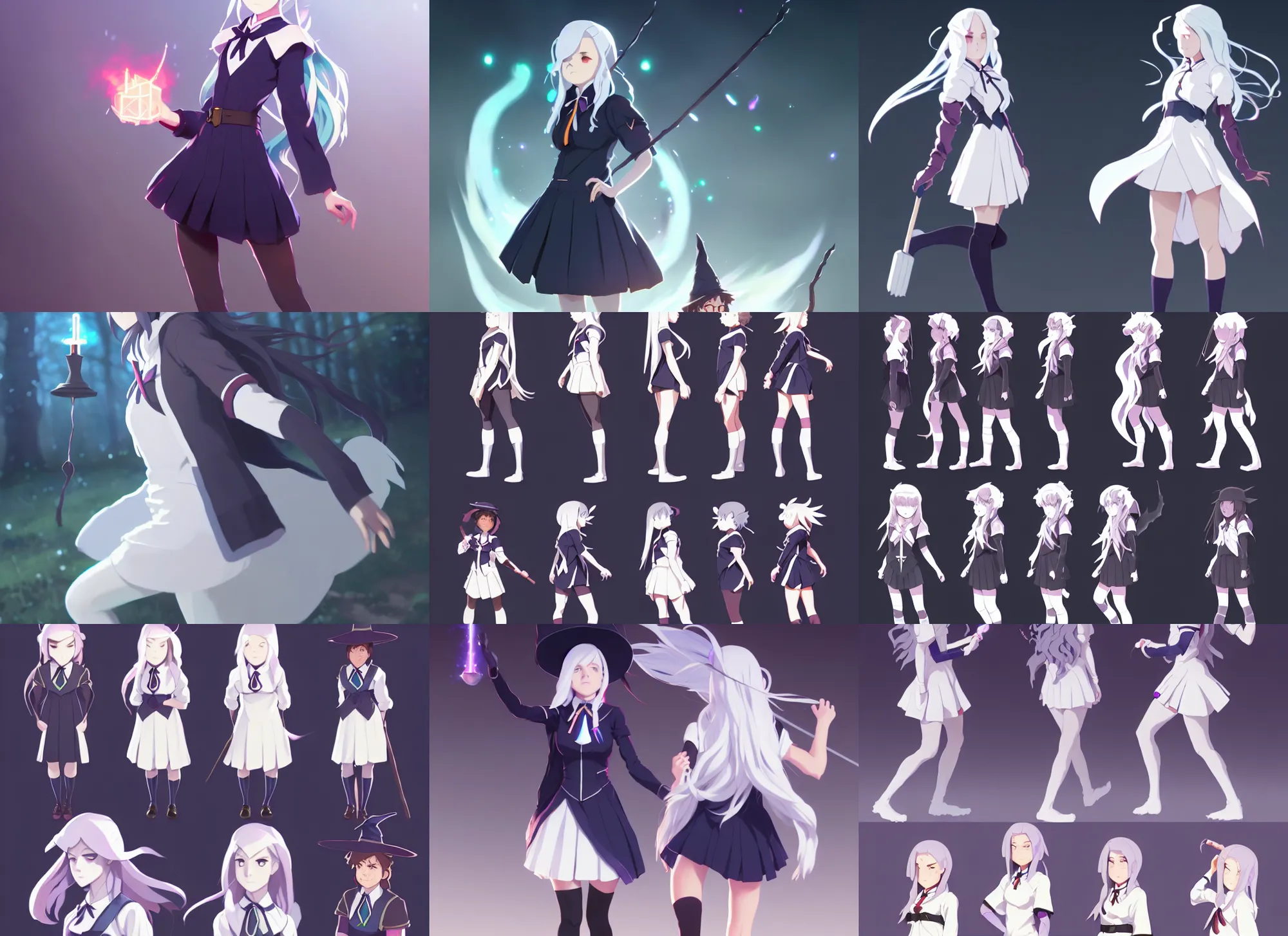 Image similar to visual novel sprites of female student witch by greg rutkowski, witch academia, magic school uniform, glowing white iridescent hair color, by studio ghibli, digital art, trending on artstation, hd, 8 k, highly detailed, good lighting, beautiful, masterpiece