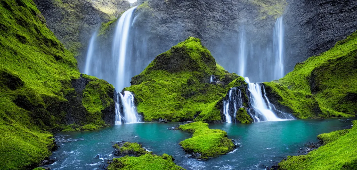 Image similar to a waterfall in the middle of a mountain range, a detailed matte painting by hallsteinn sigurðsson, shutterstock contest winner, naturalism, uhd image, creative commons attribution, photo taken with ektachrome