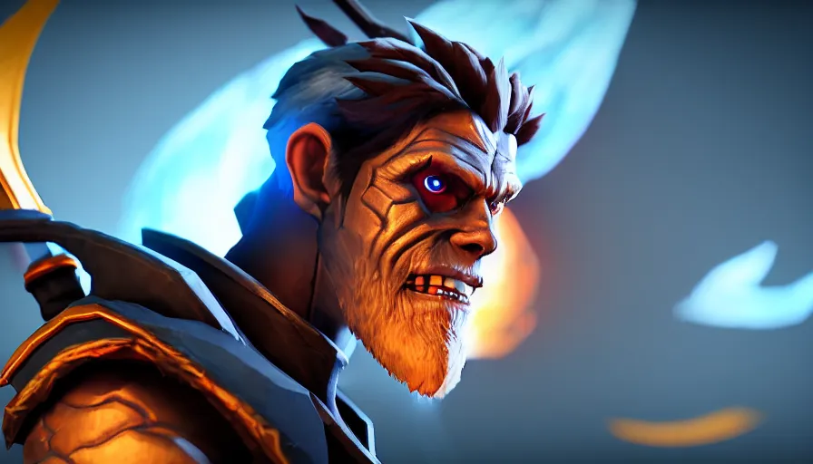 Image similar to willem dafoe as dota 2 game character, symmetrical, dota 2 game screenshot, 4 k, ray tracing, octane render, ultra hd